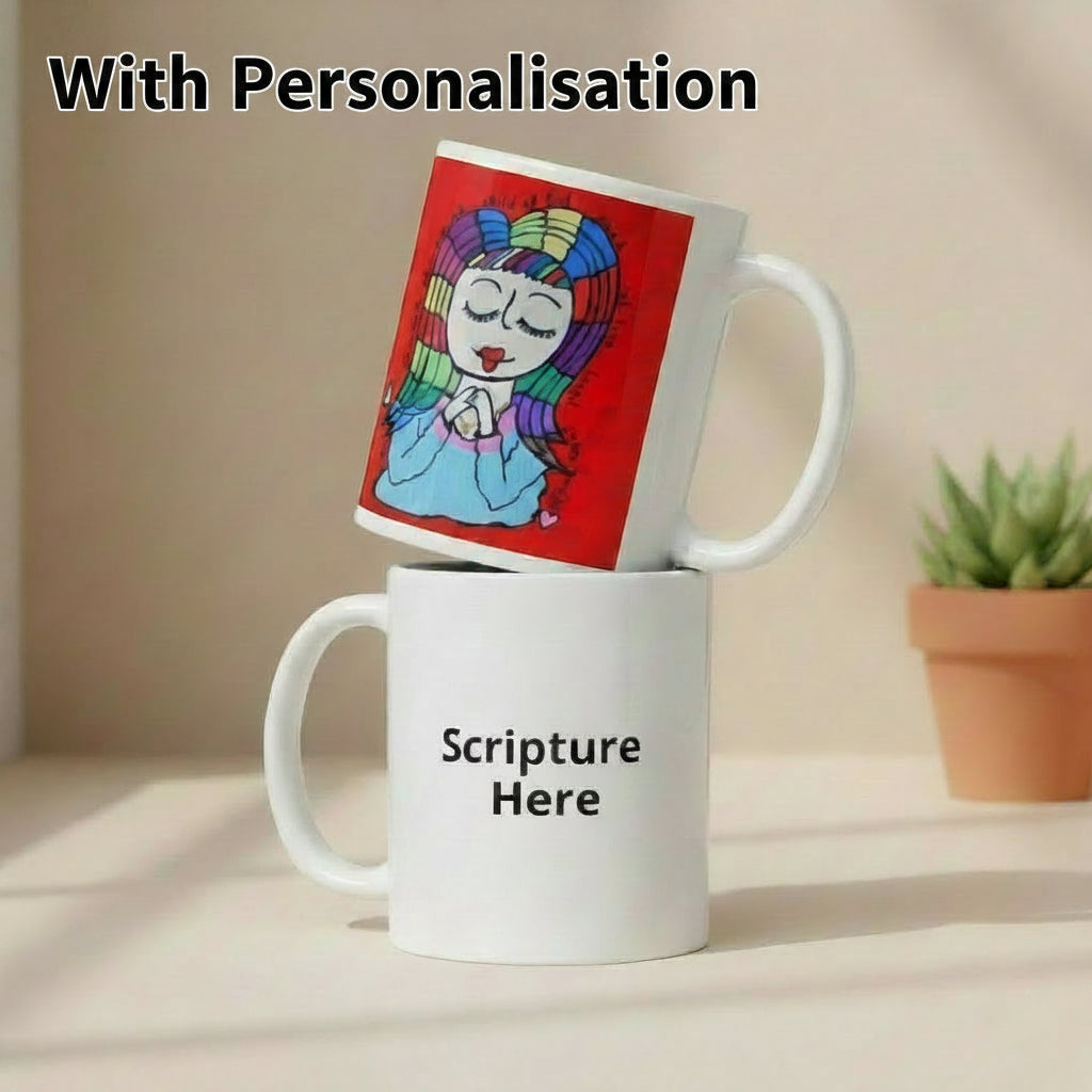 Child of God 11oz white personalised mug featuring a girl with rainbow coloured hair with encouraging and uplifting words surrounding her – AllThingsGoode