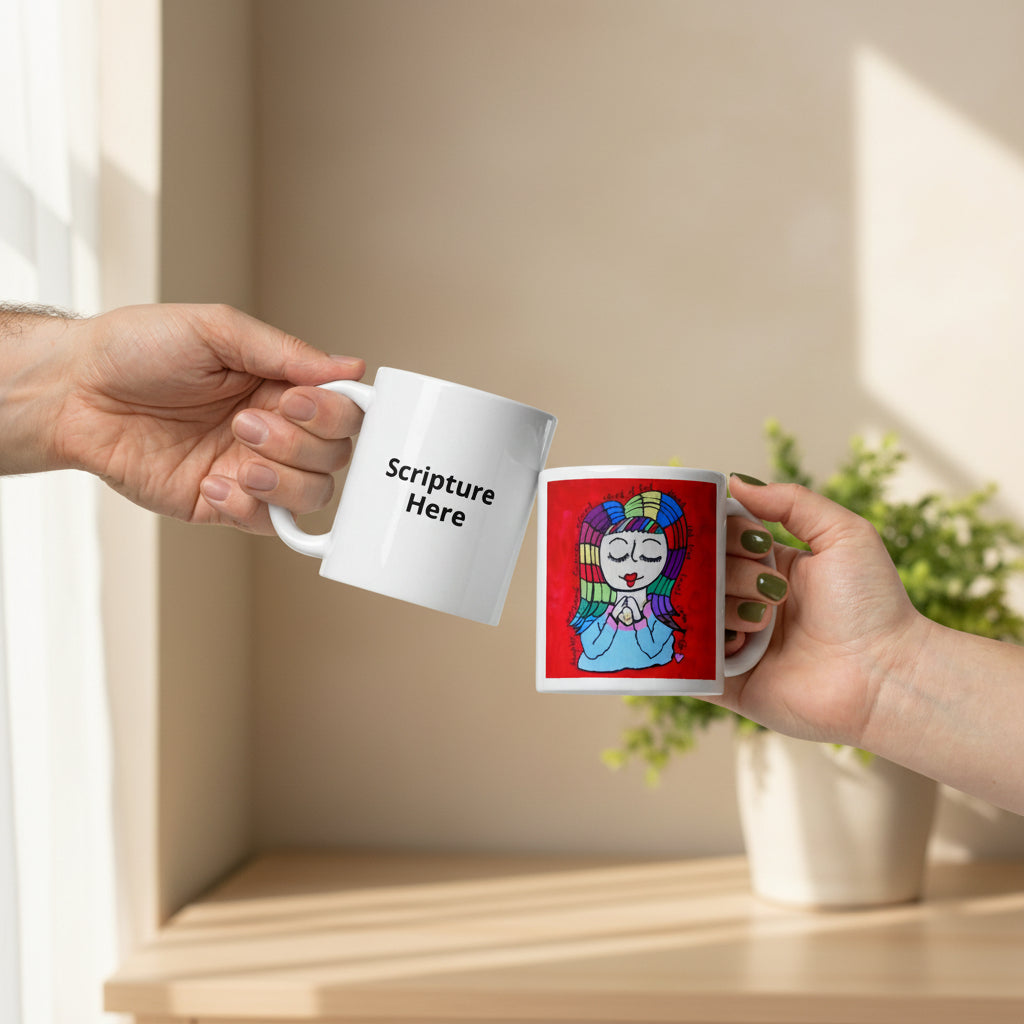 Child of God 11oz white personalised mug featuring a girl with rainbow coloured hair with encouraging and uplifting words surrounding her – AllThingsGoode