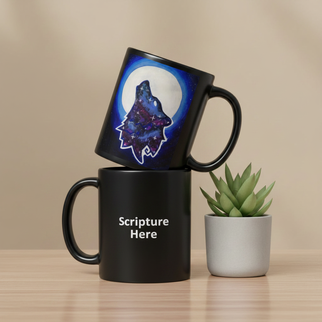 Galaxy Wolf 11oz personalised mug featuring a howling galaxy-painted wolf with a full moon in the background – AllThingsGoode