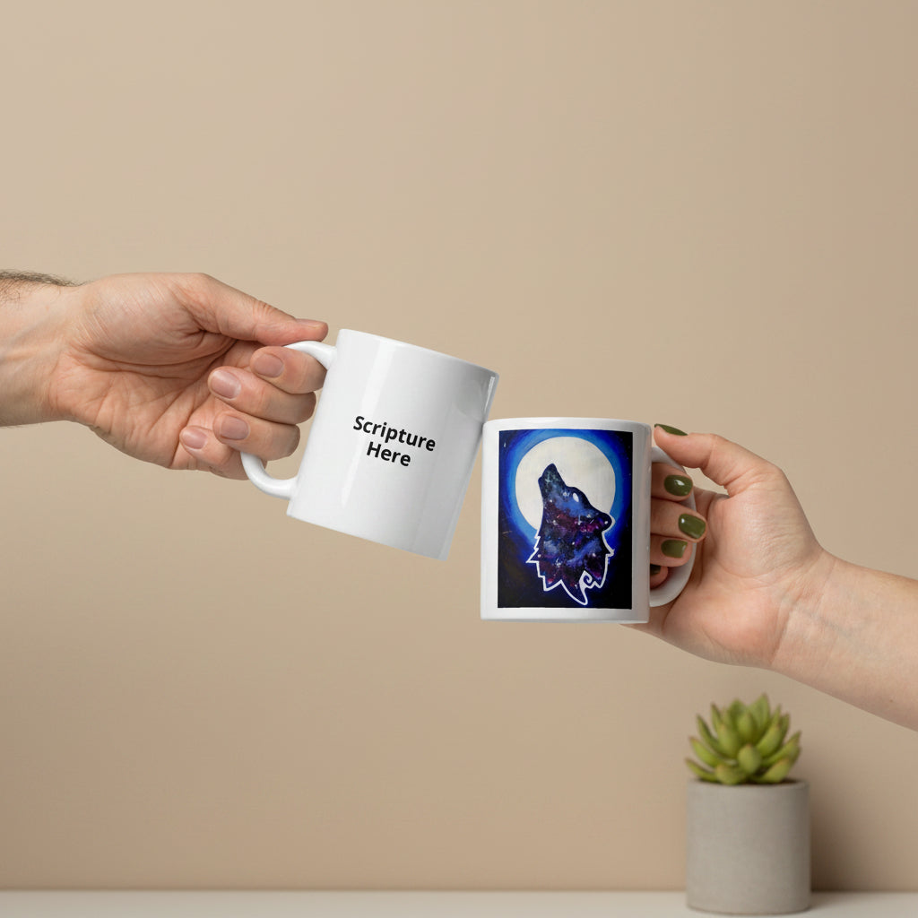 Galaxy Wolf 11oz personalised mug featuring a howling galaxy-painted wolf with a full moon in the background – AllThingsGoode