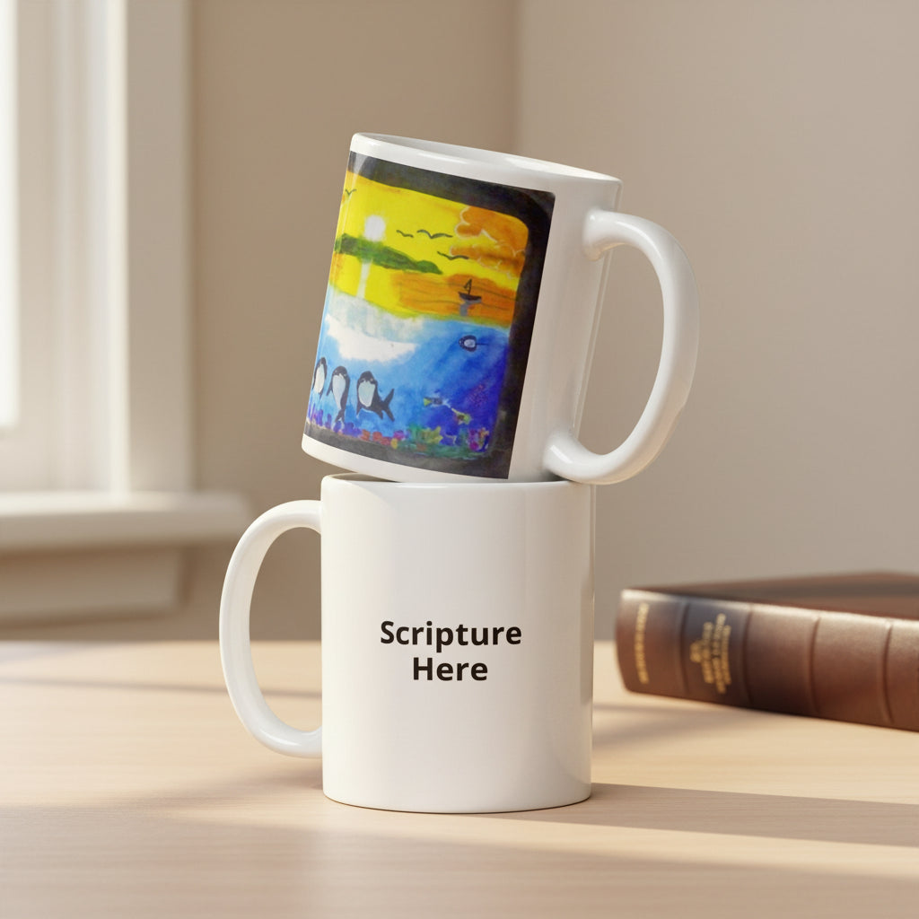 Dolfriends white 11oz personalised mug featuring three dolphin friends in a beautiful ocean with a sunset in the background – AllThingsGoode