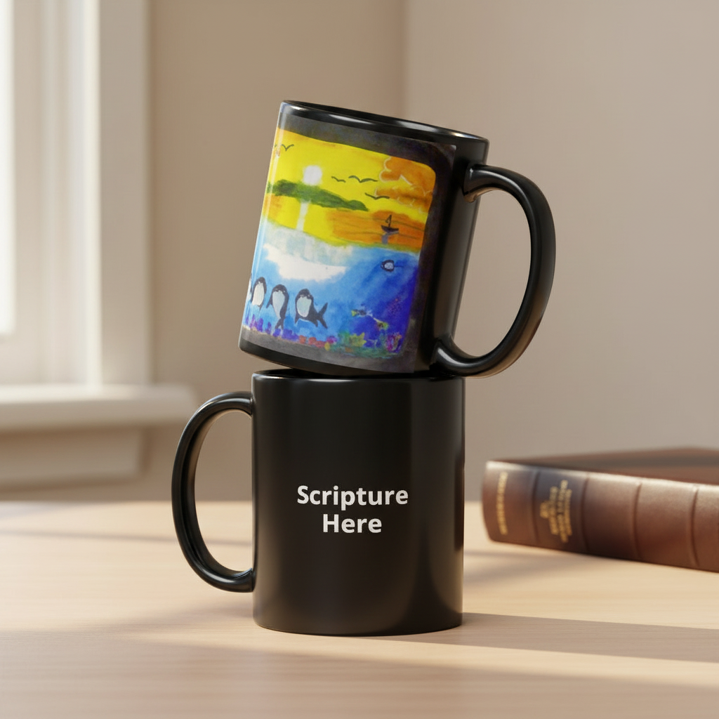Dolfriends black 11oz personalised mug featuring three dolphin friends in a beautiful ocean with a sunset in the background – AllThingsGoode