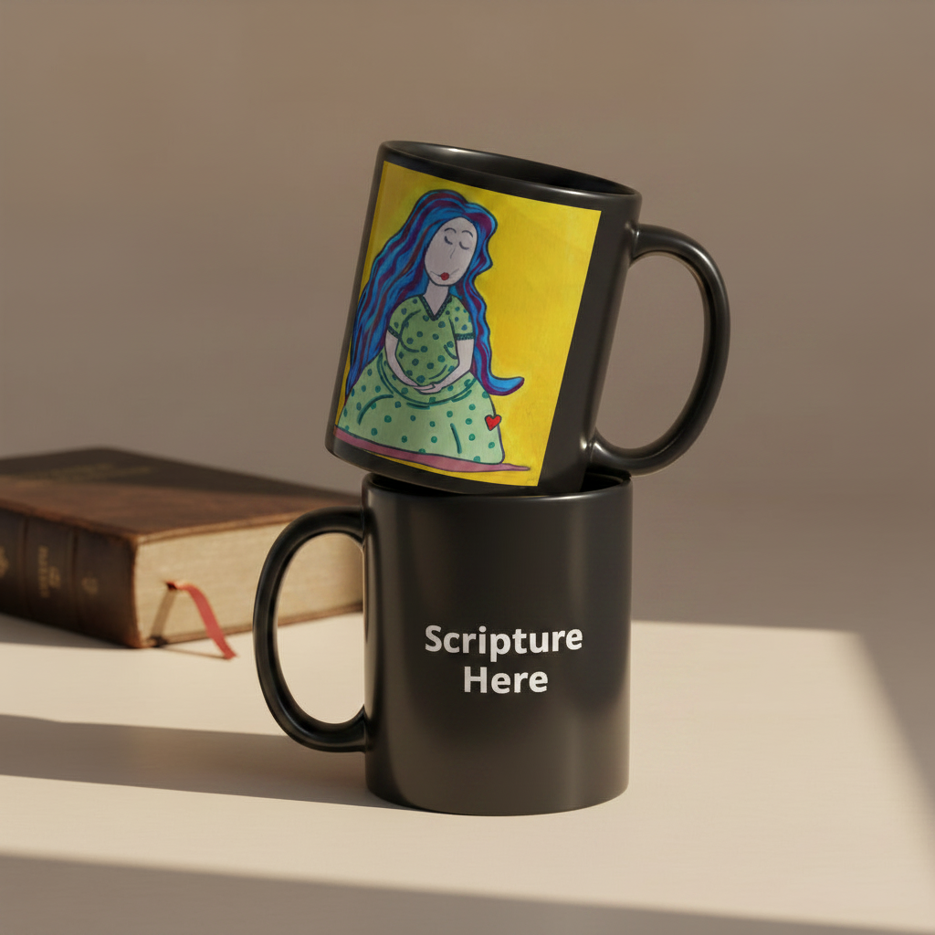 Mother 11oz black personalised mug featuring a pregnant mother with blue hair and a yellow background – AllThingsGoode