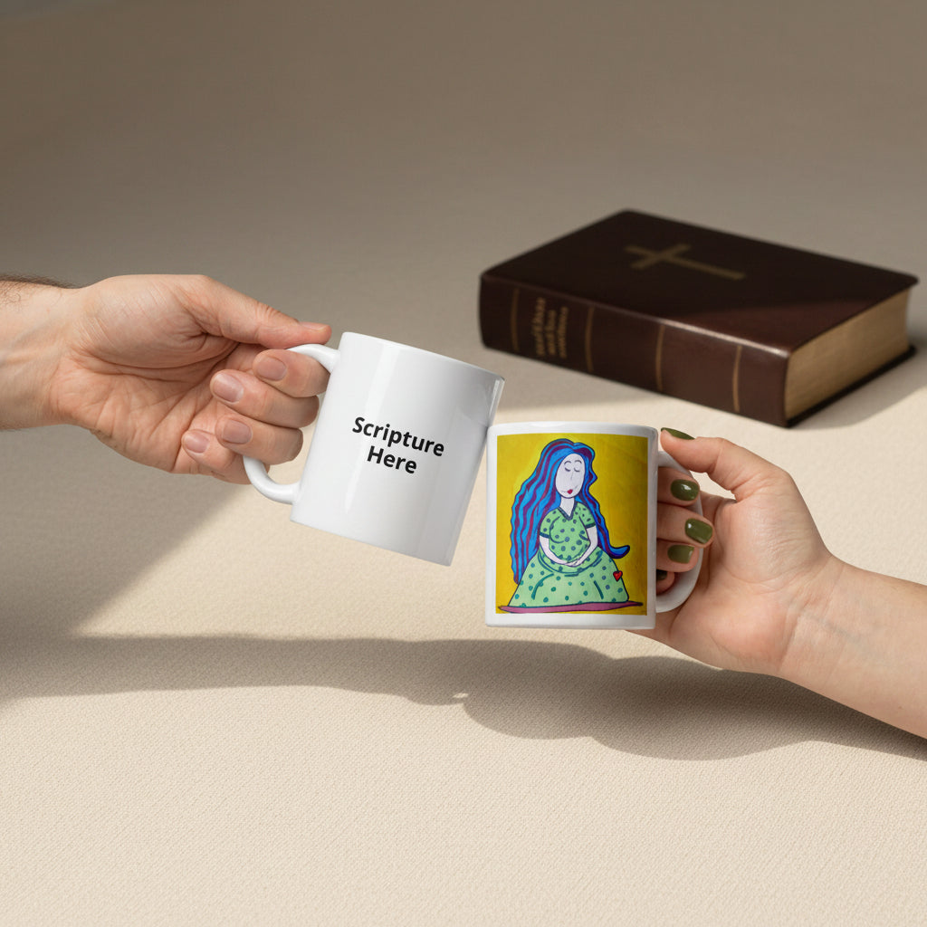 Mother 11oz white personalised mug featuring a pregnant mother with blue hair and a yellow background – AllThingsGoode