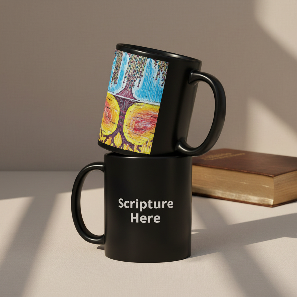 Life Over Death 11oz black personalised mug featuring the tree of life and the tree of the knowledge of good and evil – AllThingsGoode