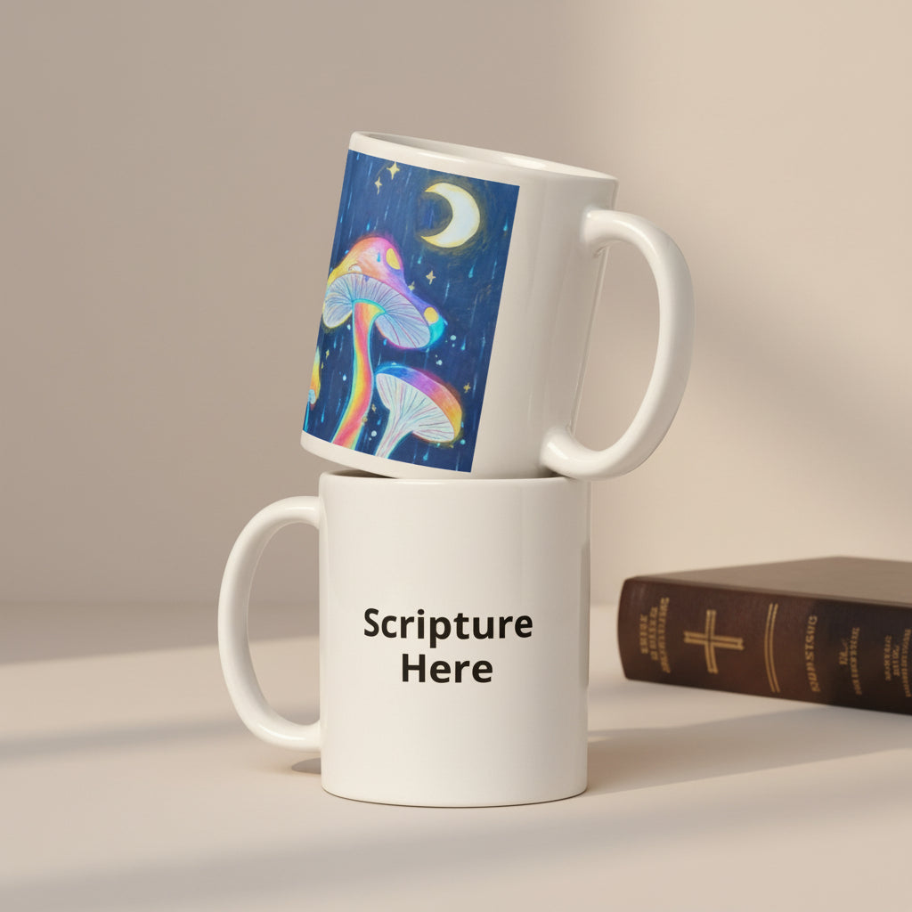 Glowing Mushrooms white 11oz personalised mug featuring 3 glowing mushrooms with a rainy midnight background and a crescent moon – AllThingsGoode
