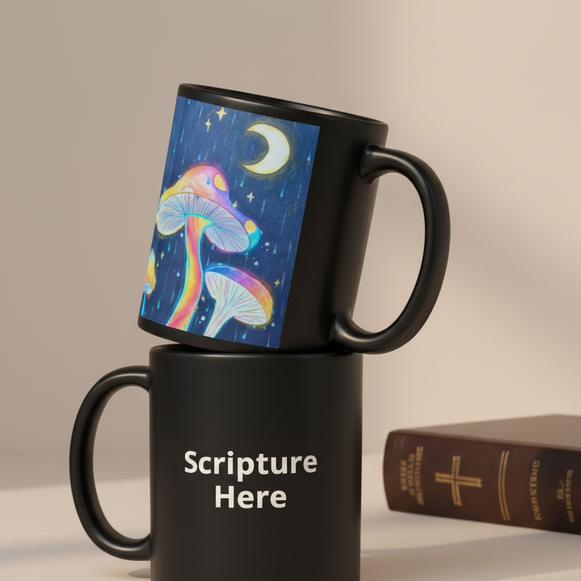 Glowing Mushrooms black 11oz personalised mug featuring 3 glowing mushrooms with a rainy midnight background and a crescent moon – AllThingsGoode