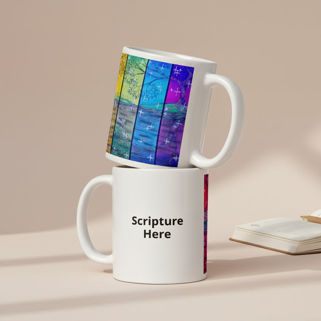 Rainbow Reflections white 11oz personalised mug featuring the colour of the rainbow with trees and stars – AllThingsGoode