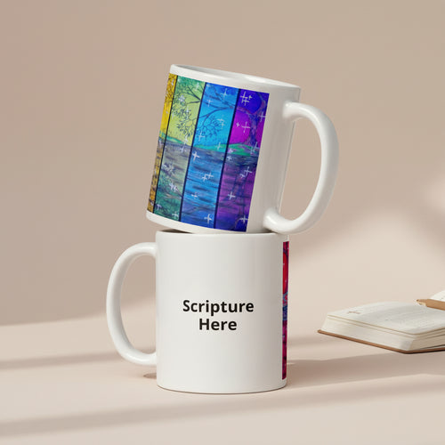 Rainbow Reflections white 11oz personalised mug featuring the colour of the rainbow with trees and stars – AllThingsGoode
