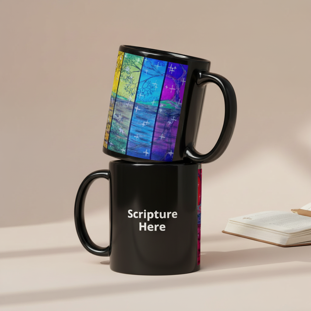 Rainbow Reflections black 11oz personalised mug featuring the colour of the rainbow with trees and stars – AllThingsGoode