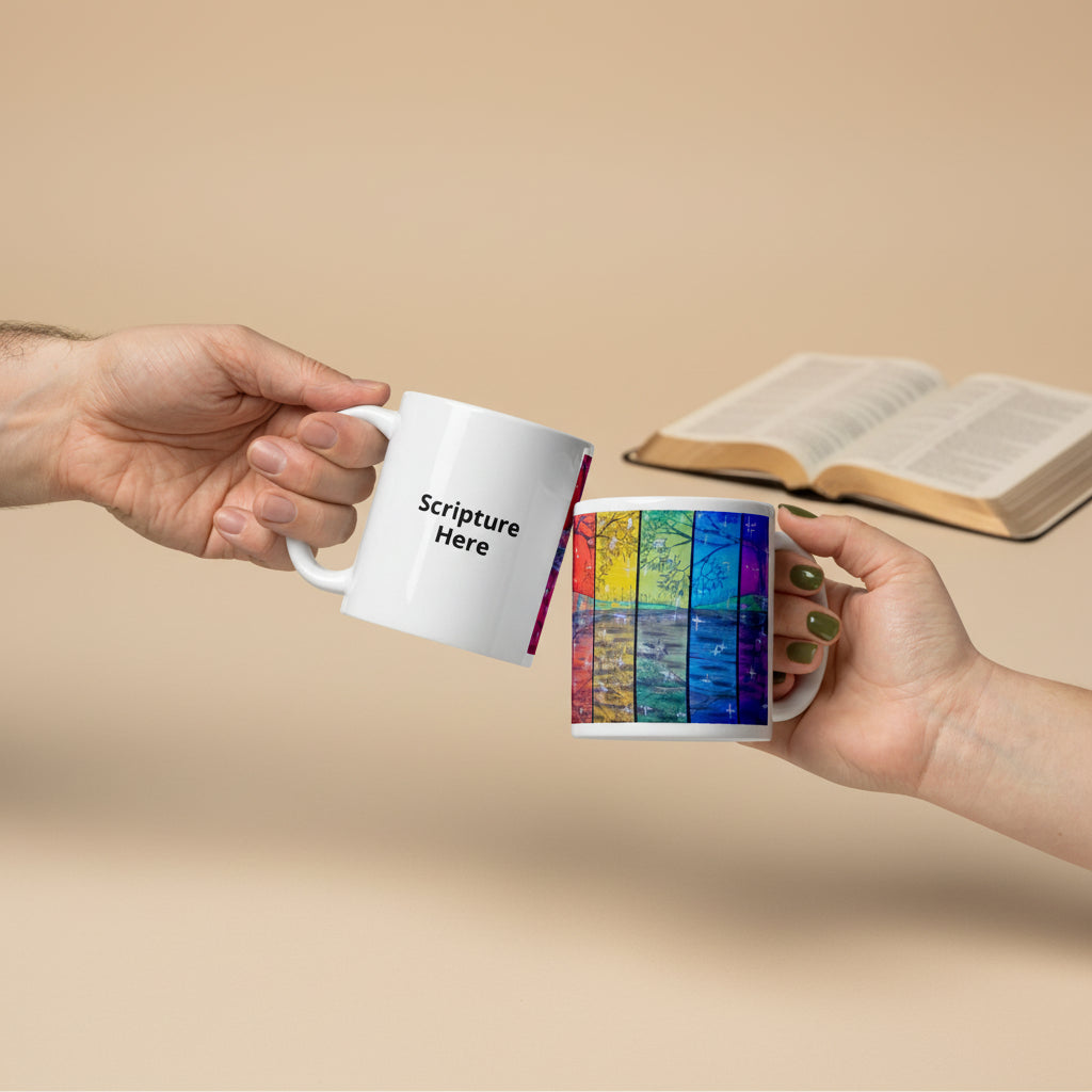 Rainbow Reflections white 11oz personalised mug featuring the colour of the rainbow with trees and stars – AllThingsGoode