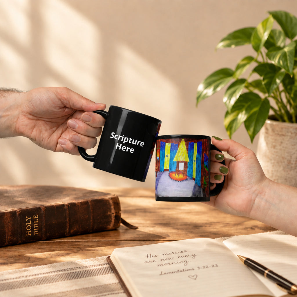 God's Plan white 11oz personalised mug featuring a room with Jesus and you in the corner painting and laughing together – AllThingsGoode