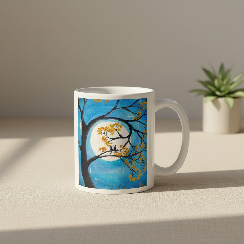 Mug with a tree and moon design on a white background