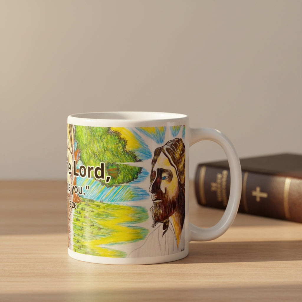 Mug with a colorful design featuring a face and text on a white background