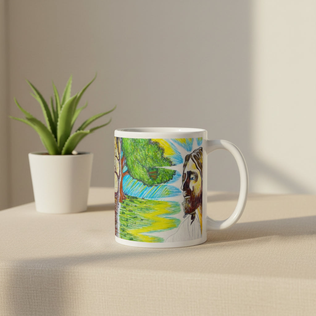 Mug with a colorful design of a face and nature elements on a white background