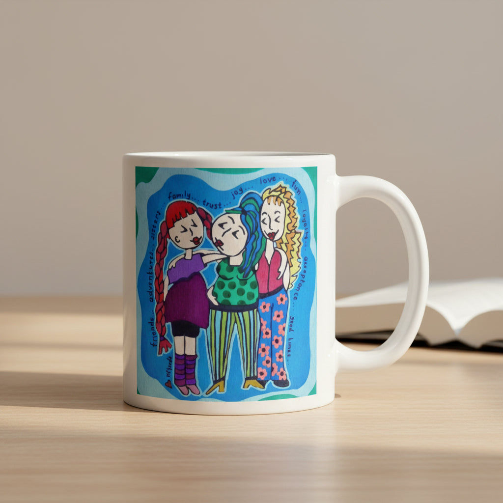 Mug with colorful illustration of three characters on a white background