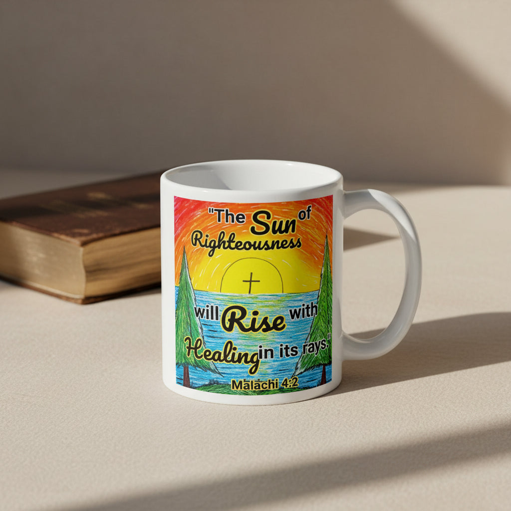 Mug with a sun rising design with scripture: Malachi 4:2, "The sun of righteousness will rise with healing in its rays."