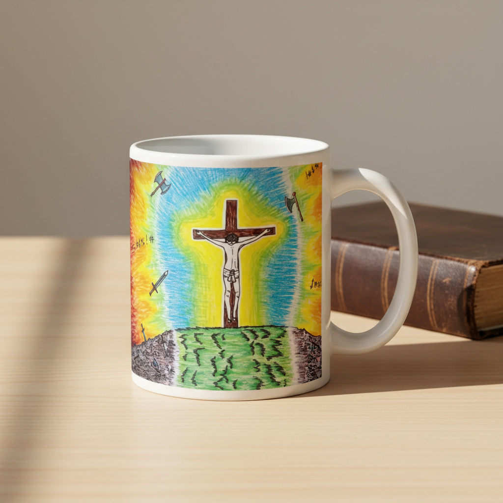 A white ceramic mug featuring a colorful printed illustration of a crucifix scene with a glowing blue and yellow background, green hill, and dark rocky foreground.