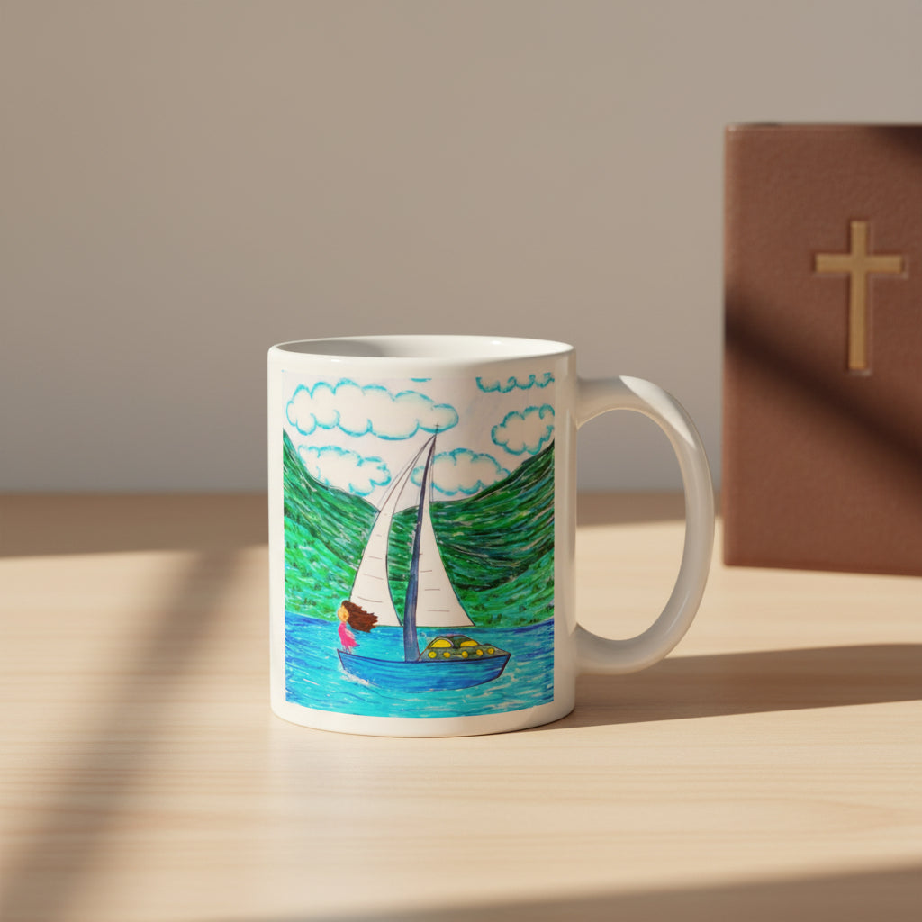 white ceramic mug, featuring a colourful hand-drawn style illustration of a sailboat on blue water with green hills and white clouds.
