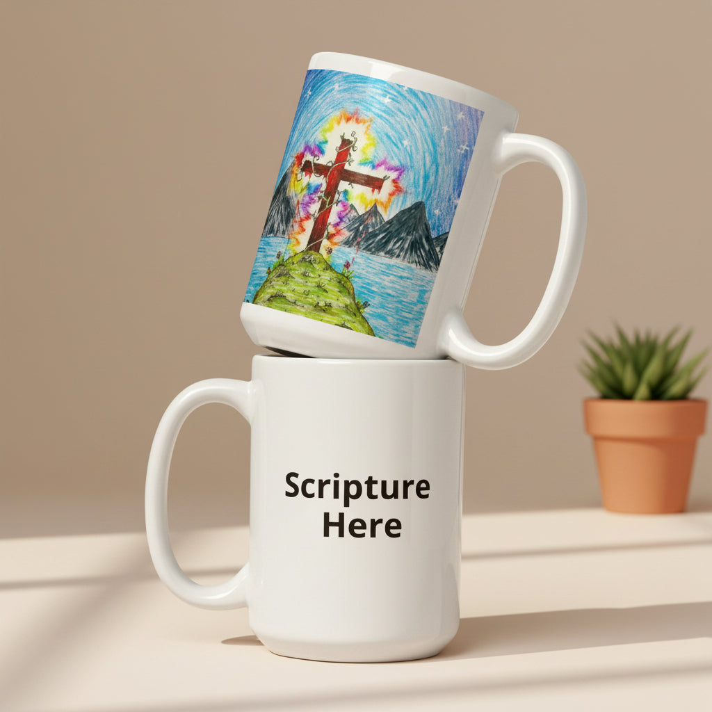 Two white mugs stacked on top of each other with one featuring a colorful artwork and the other displaying 'Scripture Here'.