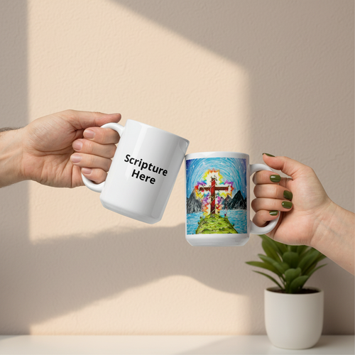 The Glorious Cross 15oz white personalised mug featuring the cross of Jesus shining the glorious light, lighting up it's surroundings – AllThingsGoode