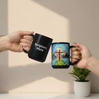 The Glorious Cross 15oz black personalised mug featuring the cross of Jesus shining the glorious light, lighting up it's surroundings – AllThingsGoode