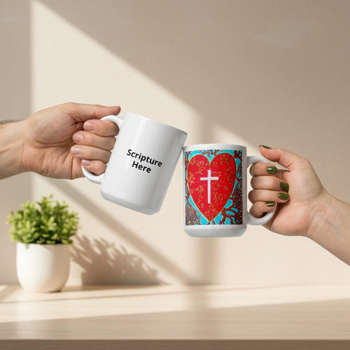 Rooted In Love 15oz white personalised mug featuring a red heart with a cross inside of it and roots coming out of the heart – AllThingsGoode