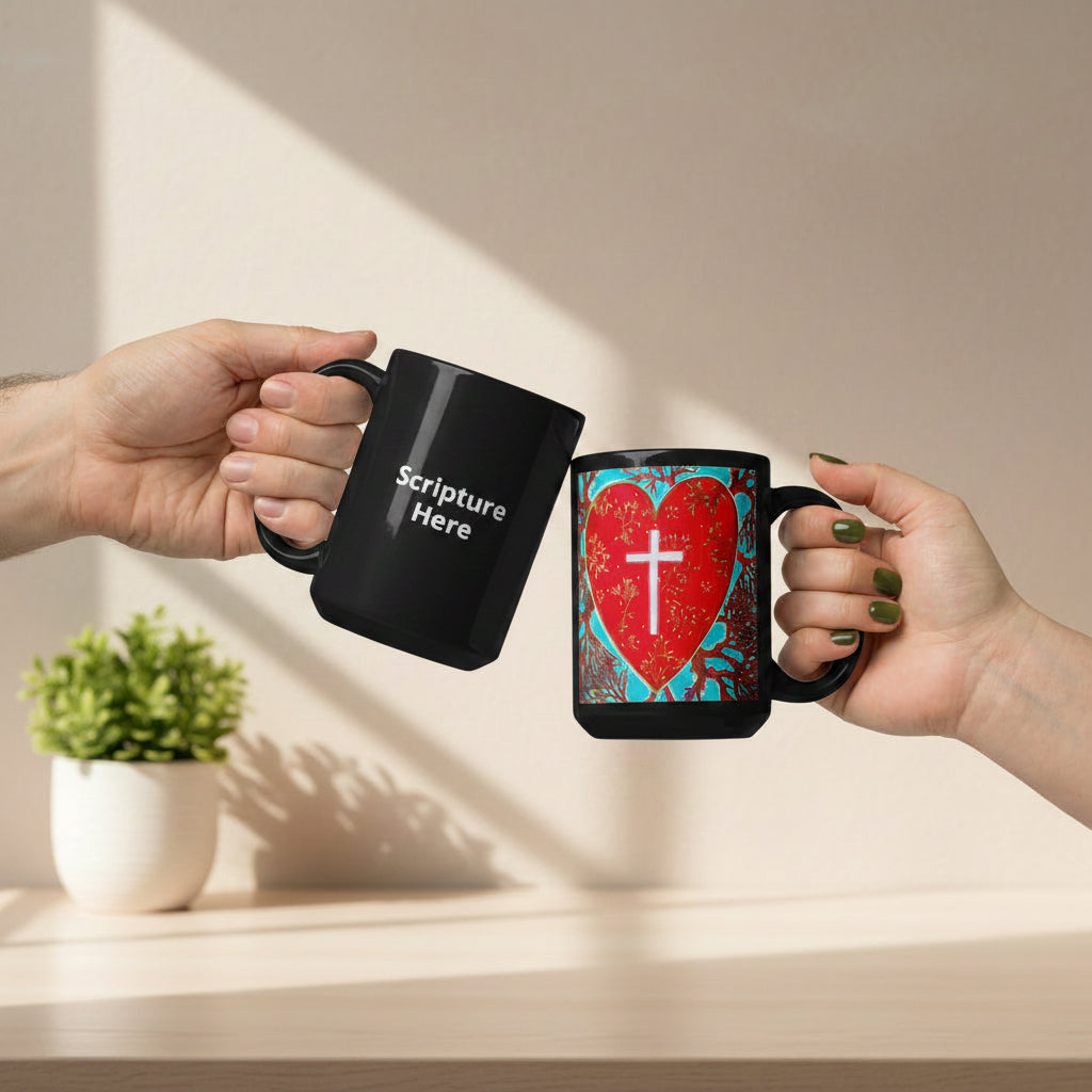 Two hands holding mugs with personalized designs on a light surface.
