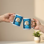 Two hands holding mugs with a design of a tree and moon on a white background
