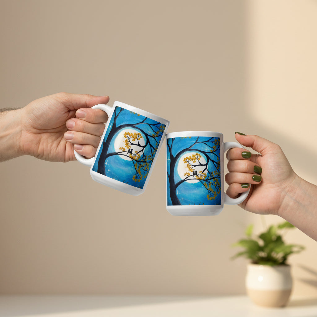 Two hands holding mugs with a design of a tree and moon on a white background