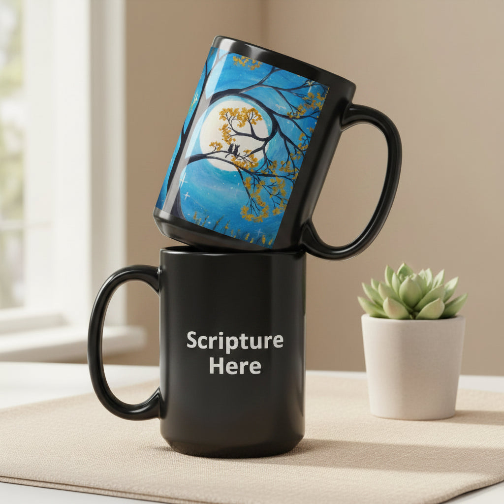 White mug with a decorative design on top and 'Scripture Here' text on the bottom, on a white background