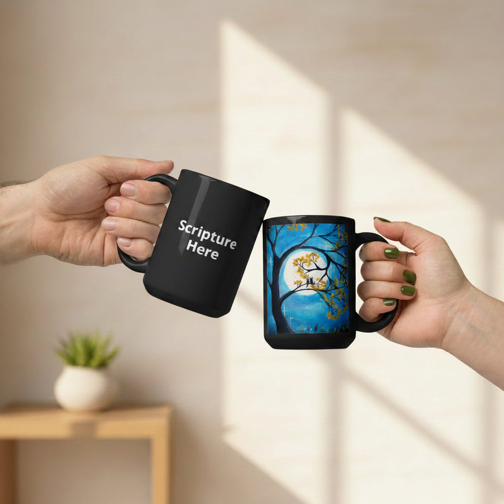 Two hands holding white mugs with one having 'Scripture Here' text and the other with a two cats on tree with a full moon design. 