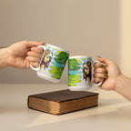 Two hands holding mugs with images of Jesus and text on a white background