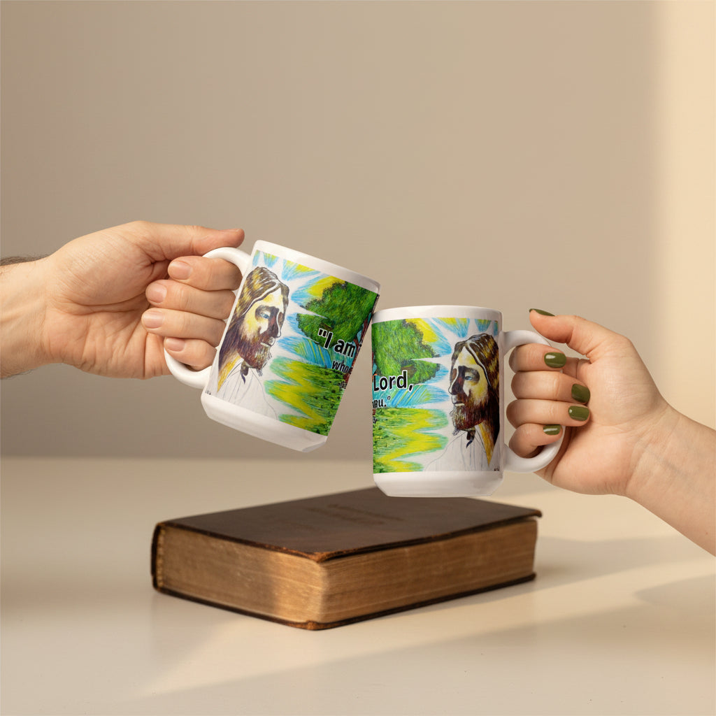 Two hands holding mugs with images of Jesus and text on a white background