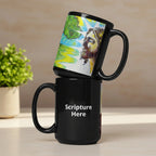 Two mugs stacked on top of each other with one featuring a colorful design and the other with 'Scripture Here' text.