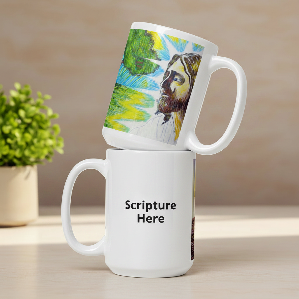 Jesus' Healing Presence 15oz white personalised mug featuring Jesus' presence healing a tree that's on fire – AllThingsGoode