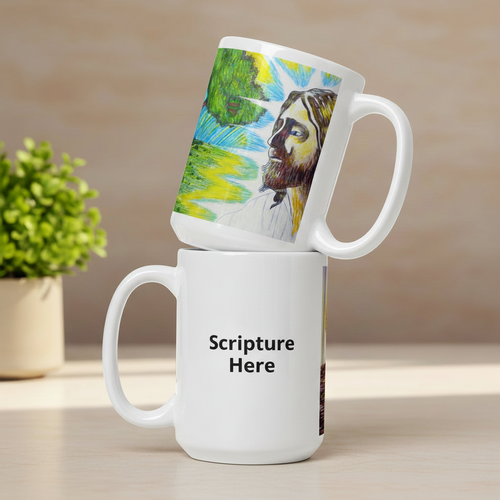 Jesus' Healing Presence 15oz white personalised mug featuring Jesus' presence healing a tree that's on fire – AllThingsGoode