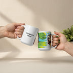 Two hands holding white mugs with personalized text and design on a white background
