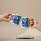 Two hands holding mugs with colorful illustrations of a family on a white background