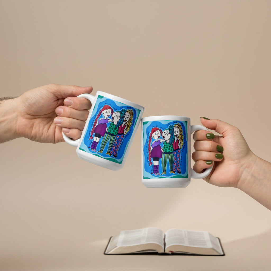 Two hands holding mugs with colorful illustrations of a family on a white background