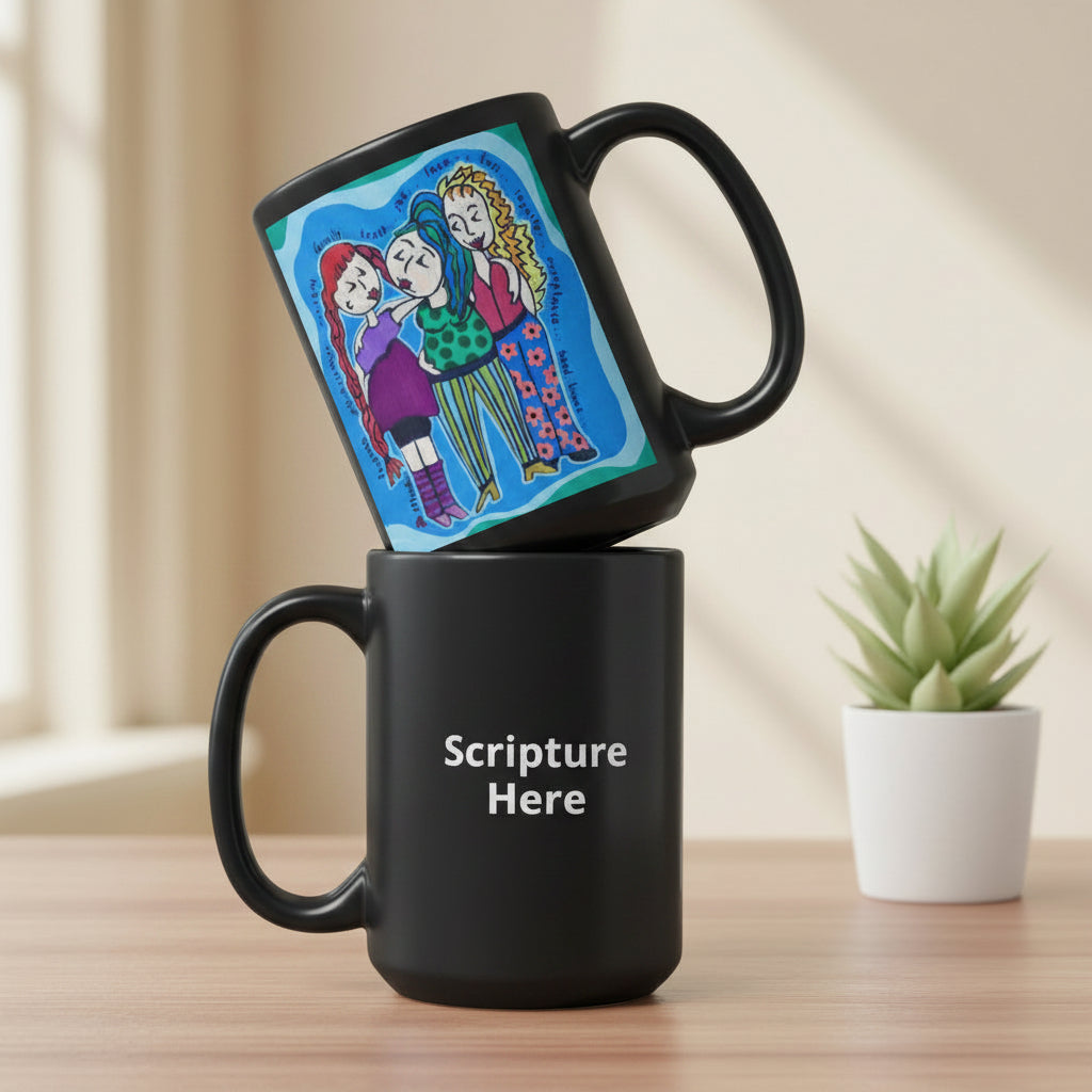 Two stacked white ceramic mugs on a white background. The top mug is tilted and features a colorful cartoon illustration of three people.