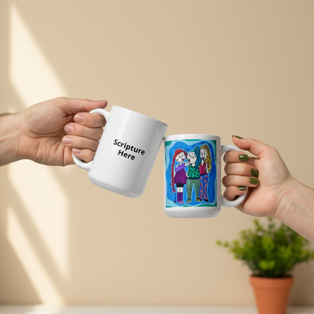 Two hands holding white ceramic mugs against a plain white background. The mug on the left is plain white with the black text 'Scripture Here,' and the mug on the right has a colorful cartoon-style illustration of three people with the text 'Believe in Me.