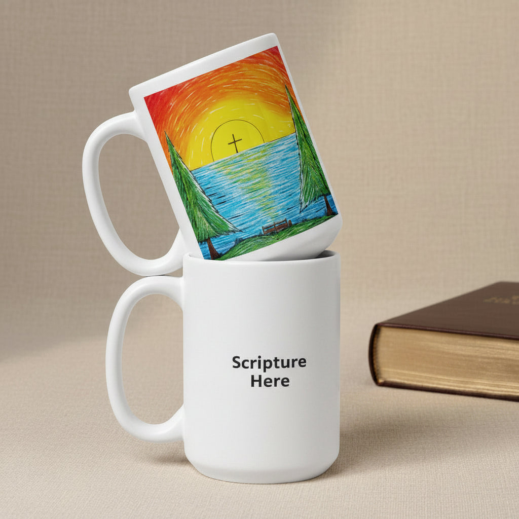 Two black ceramic mugs stacked on a beige fabric surface, with a colorful sunrise lake scene printed on the top mug and the phrase 'Scripture Here' printed in white on the bottom mug. A brown book is partially visible at the right edge.