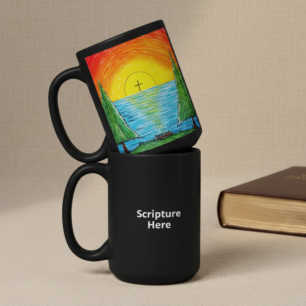 Two black ceramic mugs stacked on a beige fabric surface, with a colorful sunrise lake scene printed on the top mug and the phrase 'Scripture Here' printed in white on the bottom mug. A brown book is partially visible at the right edge.