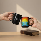 Two hands holding black ceramic mugs that clink like glasses. The left mug is plain black with the words 'Scripture Here' in white, and the right mug features a colorful sunrise over a lake with a cross in the sky.