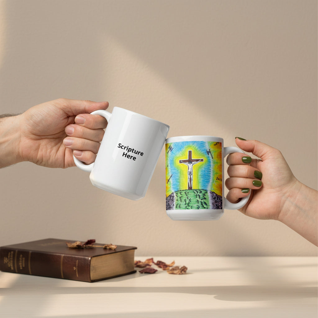 Two hands holding white ceramic mugs against a plain white background. The left mug is plain white with the text 'Scripture Here' printed in black.