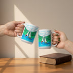 Two white ceramic mugs stacked vertically, featuring a colourful hand-drawn style illustration of a sailboat on blue water with green hills and white clouds.