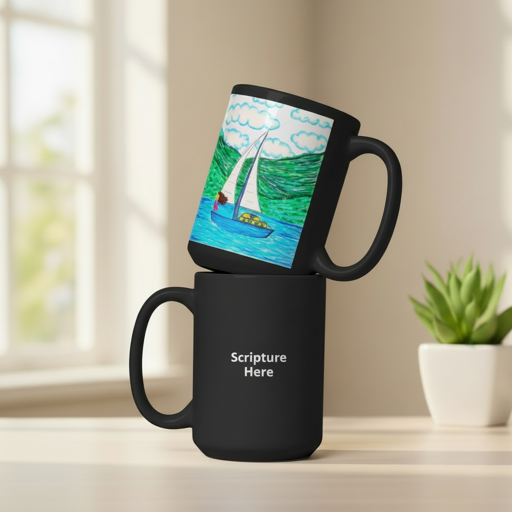 Two stacked matte black ceramic mugs on a light wood table in a bright room. The top mug features a colourful printed illustration of a sailboat on blue water under a cloudy sky.