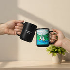 Two hands holding white ceramic mugs against a plain white background. The mug on the left is plain white with the text 'Scripture Here' printed in black. The mug on the right has a colourful illustration of a sailboat and a girl. 