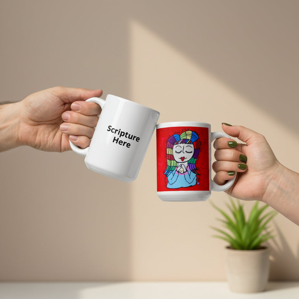 Child of God 15oz white personalised mug featuring a girl with rainbow coloured hair with encouraging and uplifting words surrounding her – AllThingsGoode